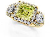Yellow gold Fancy Yellow Asscher Cut Diamond Three-Stone Halo Ring with Prong Setting and Pavé Accents_1