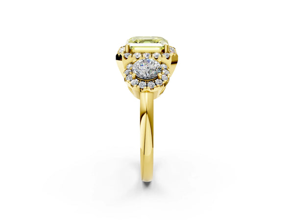 Yellow Gold Asscher Cut Three Stone Halo Engagement Ring Setting for Fancy Yellow Center