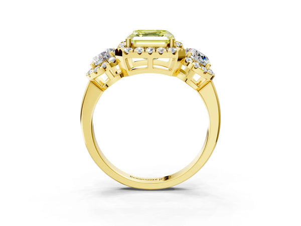 Yellow Gold Asscher Cut Three Stone Halo Engagement Ring Setting for Fancy Yellow Center