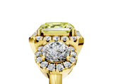 Yellow gold Fancy Yellow Asscher Cut Diamond Three-Stone Halo Ring with Prong Setting and Pavé Accents_5