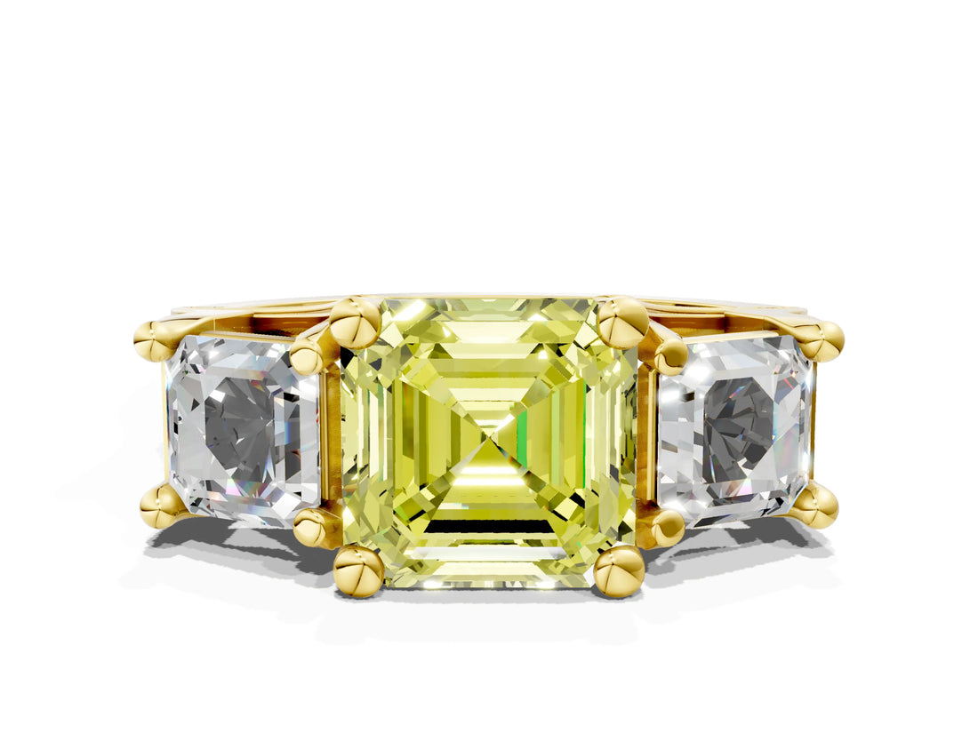 Yellow gold Fancy Yellow Asscher Cut Diamond Three-Stone Ring with Channel Set Band and Four-Prong Setting_74