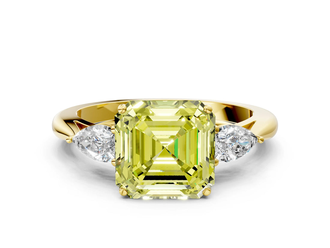 Yellow gold Fancy Yellow Asscher Cut Diamond Three-Stone Ring with Pear Side Stones and Four-Prong Setting_75