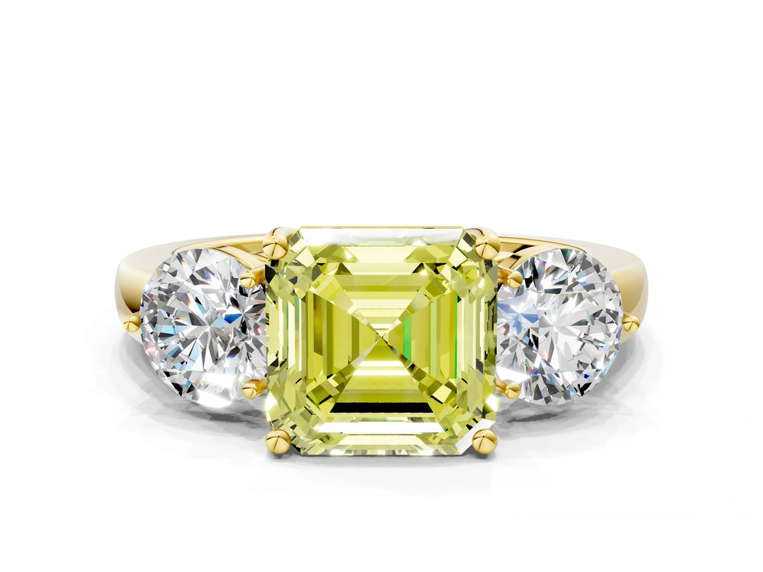 Yellow gold Fancy Yellow Asscher Cut Diamond Three-Stone Ring with Prong Setting and Classic Band_51