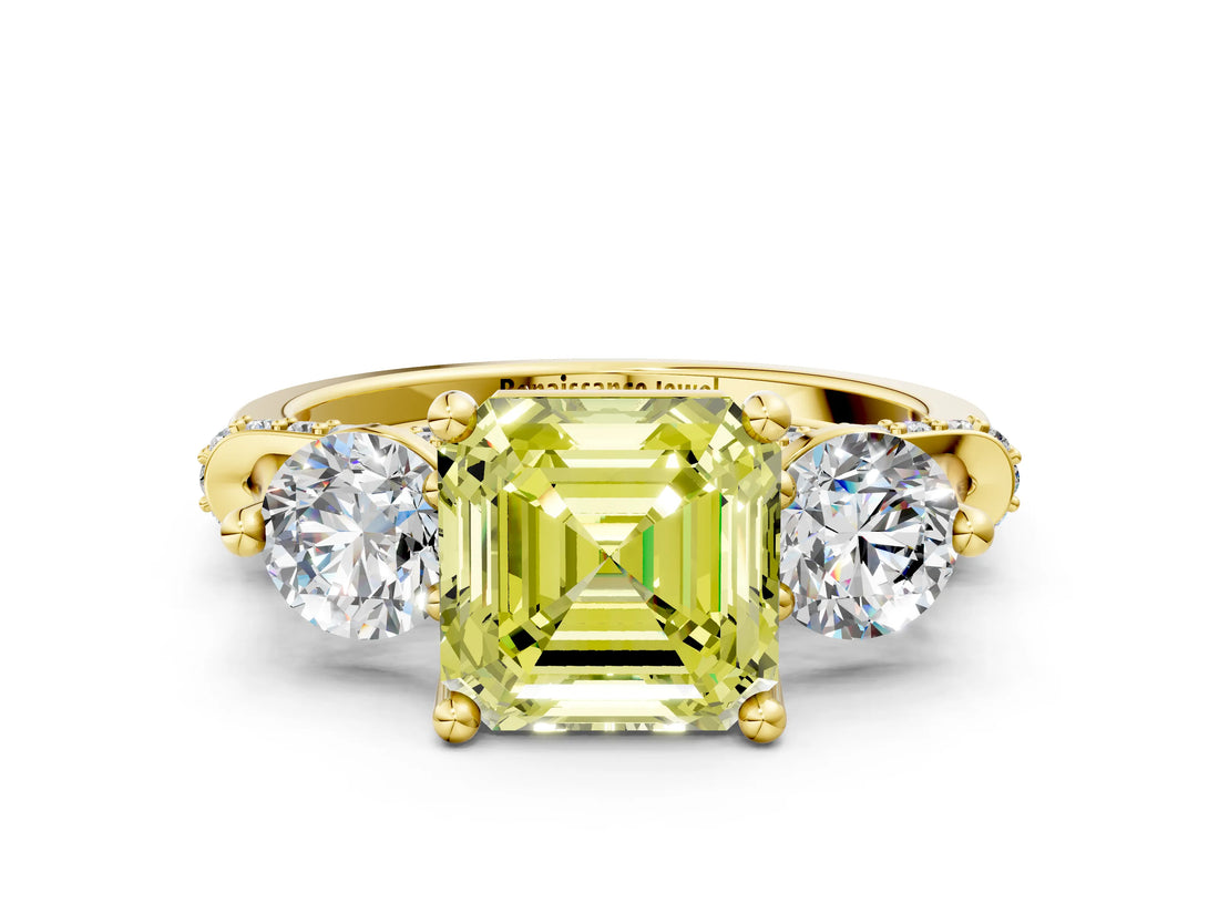 Yellow gold Fancy Yellow Asscher Cut Diamond Three-Stone Ring with Prong Setting and Pavé Band