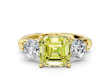 Yellow gold Fancy Yellow Asscher Cut Diamond Three-Stone Ring with Prong Setting and Pavé Band