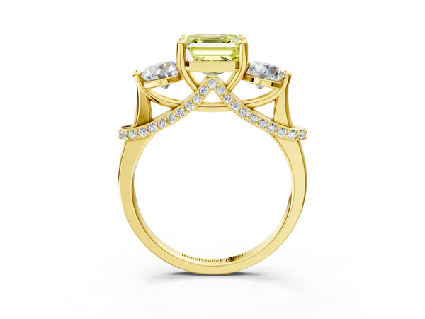 Yellow Gold Asscher Cut Curved Pave Three Stone Engagement Ring Setting for Fancy Yellow Center