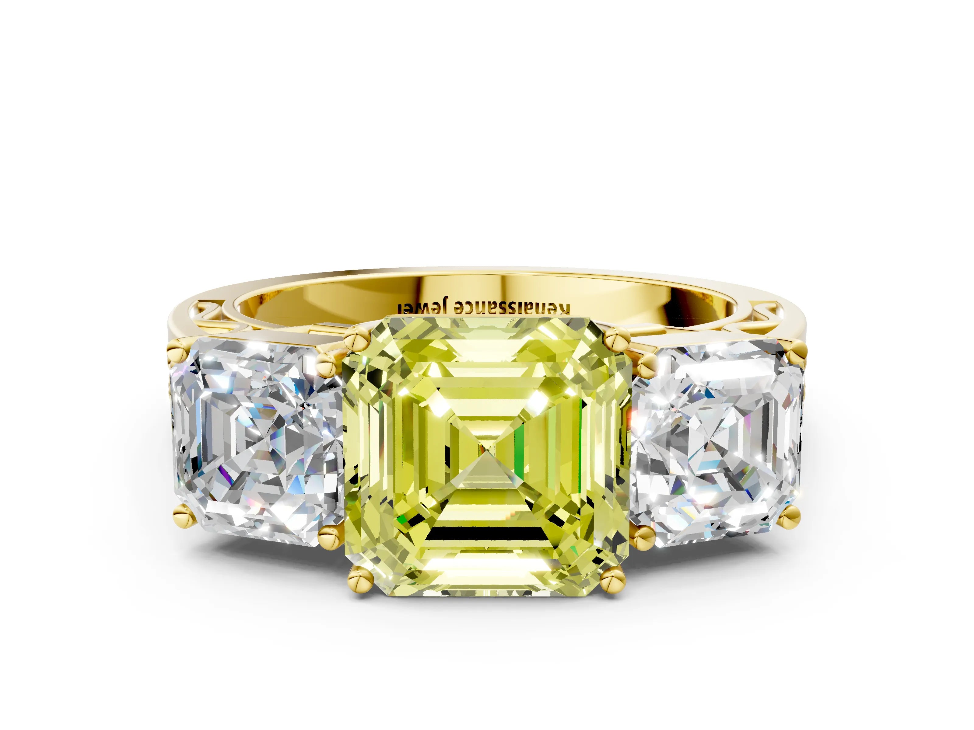 Yellow gold Fancy Yellow Asscher Cut Diamond Three-Stone Ring with Prong Setting and Textured Band