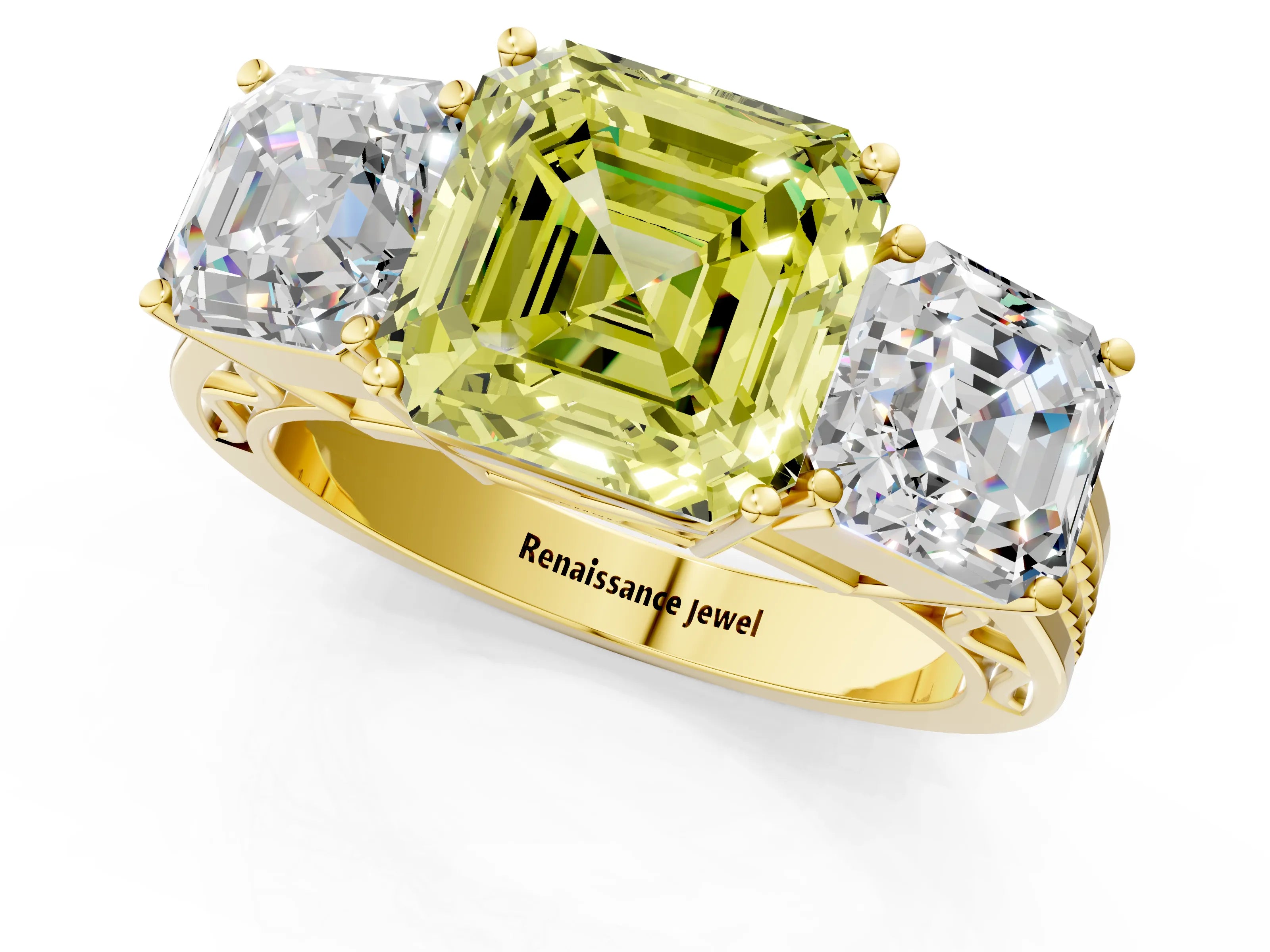 Yellow gold Fancy Yellow Asscher Cut Diamond Three-Stone Ring with Prong Setting and Textured Band_1