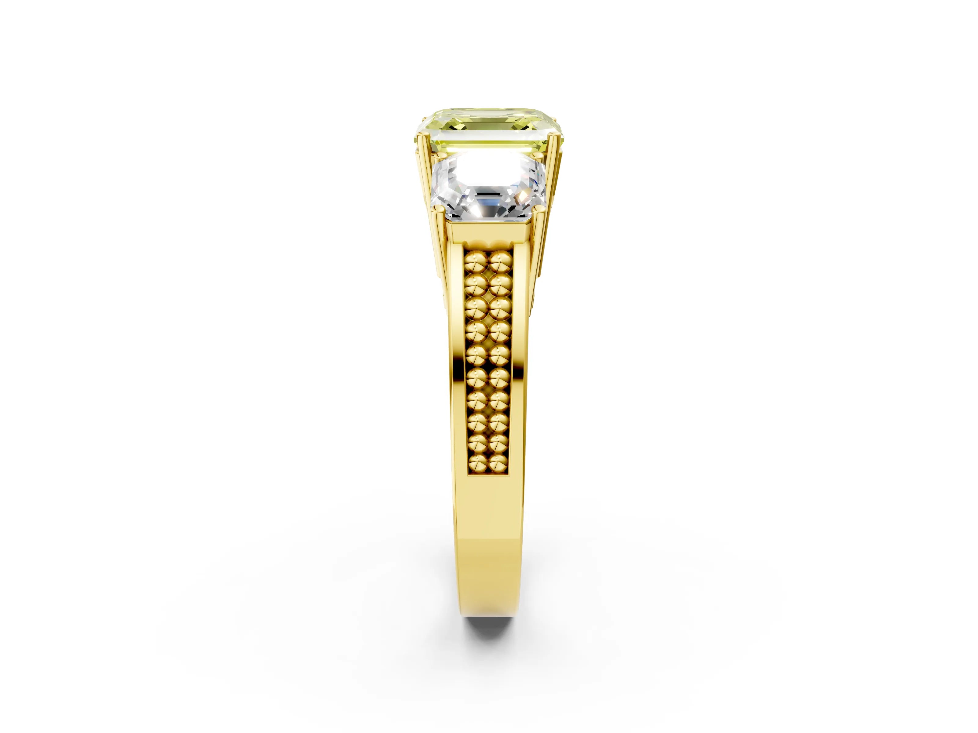 Yellow gold Fancy Yellow Asscher Cut Diamond Three-Stone Ring with Prong Setting and Textured Band_2