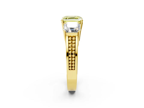 Yellow gold Fancy Yellow Asscher Cut Diamond Three-Stone Ring with Prong Setting and Textured Band_2