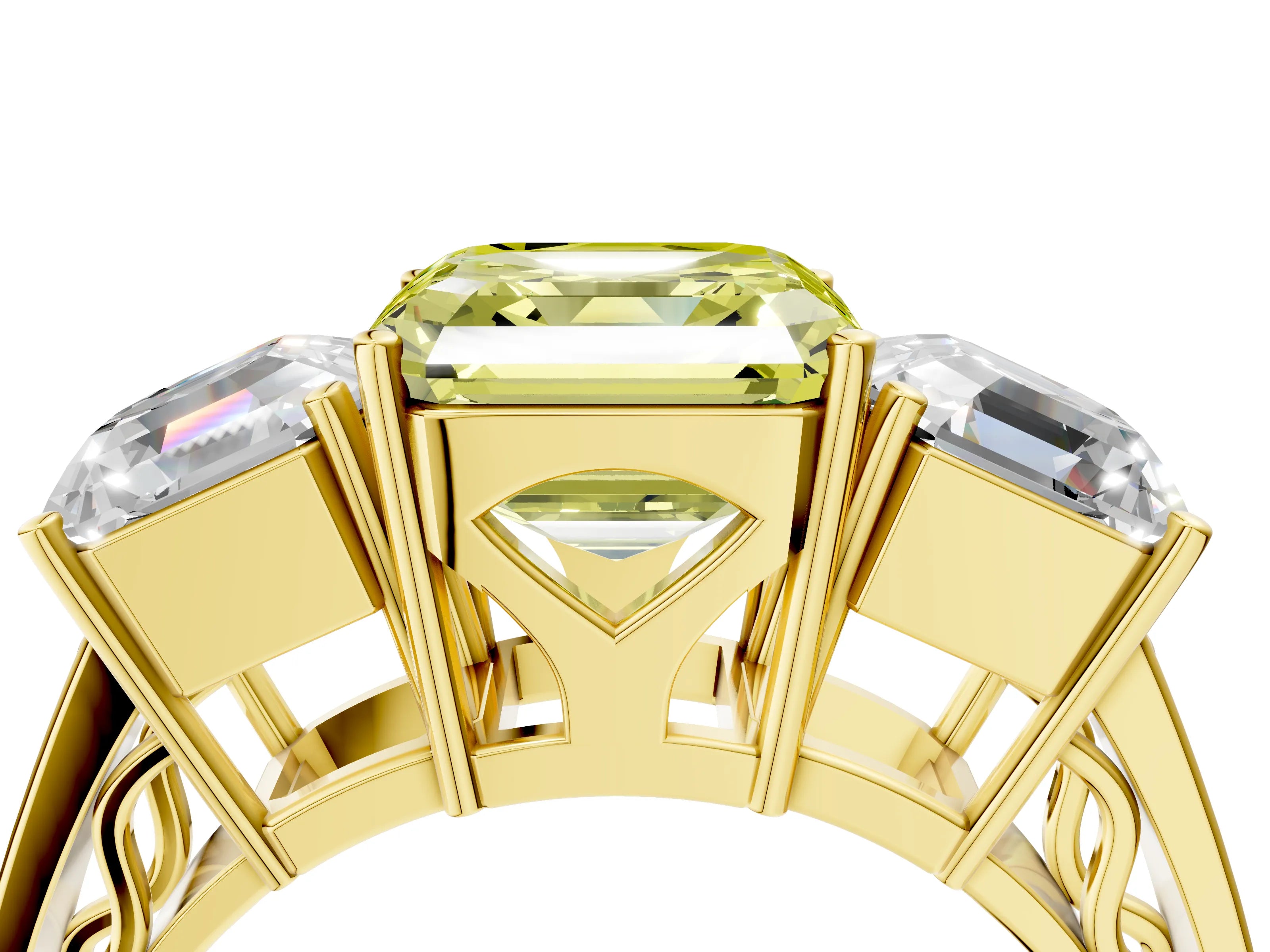 Yellow gold Fancy Yellow Asscher Cut Diamond Three-Stone Ring with Prong Setting and Textured Band_4
