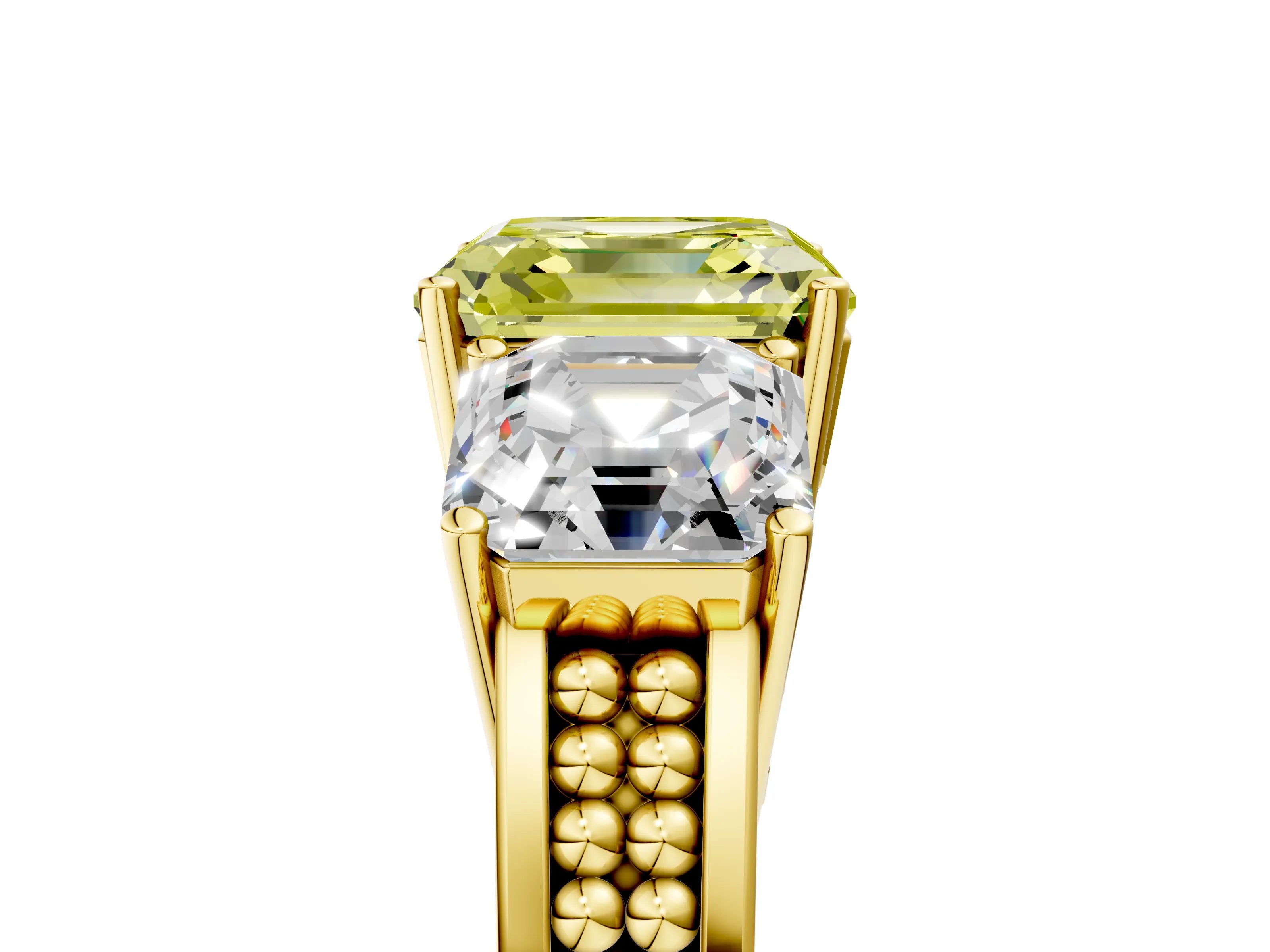 Yellow gold Fancy Yellow Asscher Cut Diamond Three-Stone Ring with Prong Setting and Textured Band_5