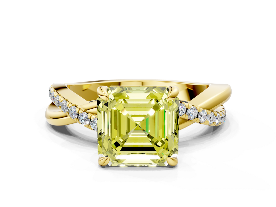 Yellow gold Fancy Yellow Asscher  Cut Diamond Twist Band Solitaire with Prong Setting_17