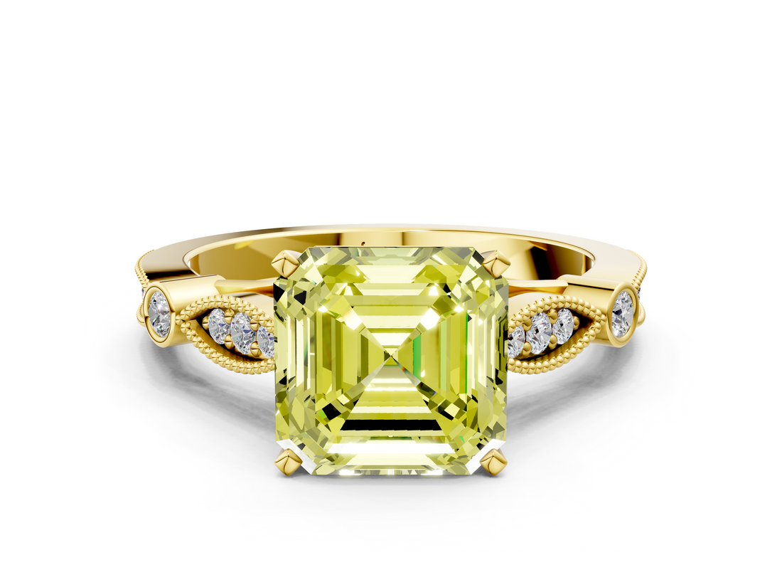 Yellow gold Fancy Yellow Asscher  Cut Diamond with Milgrain Marquise and Bezel Accents on a Solitaire Band with Prong Setting_17