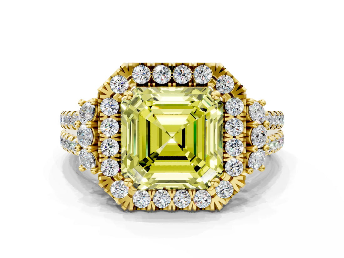 Yellow gold Fancy Yellow Asscher  Cut Double Halo Diamond Engagement Ring with Pave Band and Four-Prong Setting_25