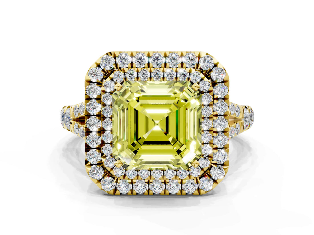 Yellow gold Fancy Yellow Asscher  Cut Double Halo Split Shank Diamond Ring with Prong Setting_63