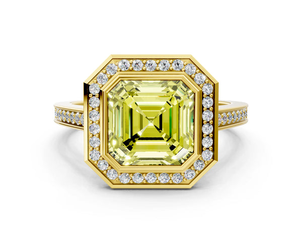 Yellow gold Fancy Yellow Asscher Cut Halo Bezel Diamond Pave Band Ring