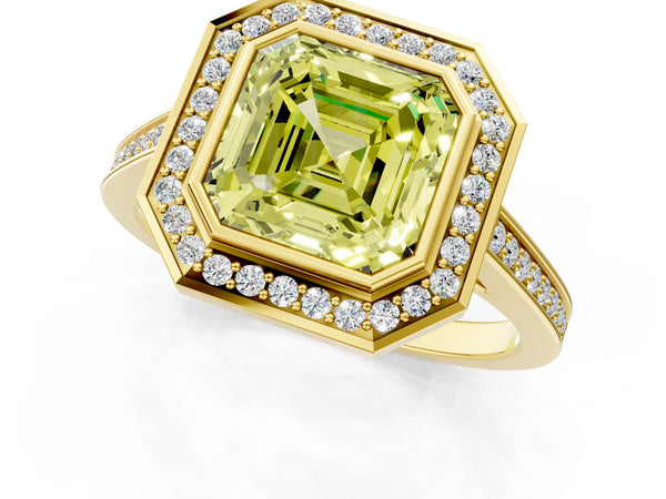 Yellow gold Fancy Yellow Asscher Cut Halo Bezel Diamond Pave Band Ring