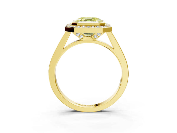 Yellow gold Fancy Yellow Asscher Cut Halo Bezel Diamond Pave Band Ring