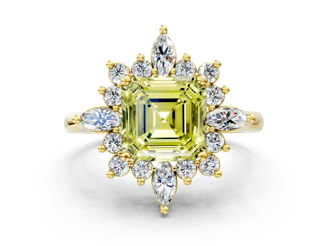 Yellow gold Fancy Yellow Asscher Cut Halo Diamond Cluster Ring with Marquise and Round Stones on a White Gold Band with Prong Setting