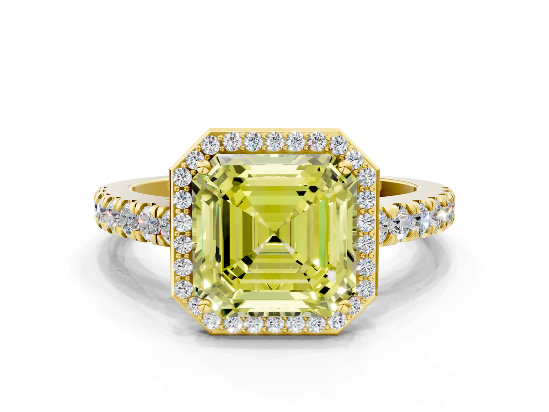 Yellow gold Fancy Yellow Asscher  Cut Halo Diamond Engagement Ring with Pave Band and Four-Prong Setting_18