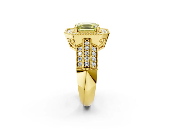 Yellow gold Fancy Yellow Asscher Cut Halo Diamond Engagement Ring with Pave Split Shank and Four-Prong Setting