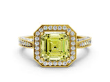 Yellow gold Fancy Yellow Asscher Cut Halo Diamond Engagement Ring with Split Shank Band and Four-Prong Setting