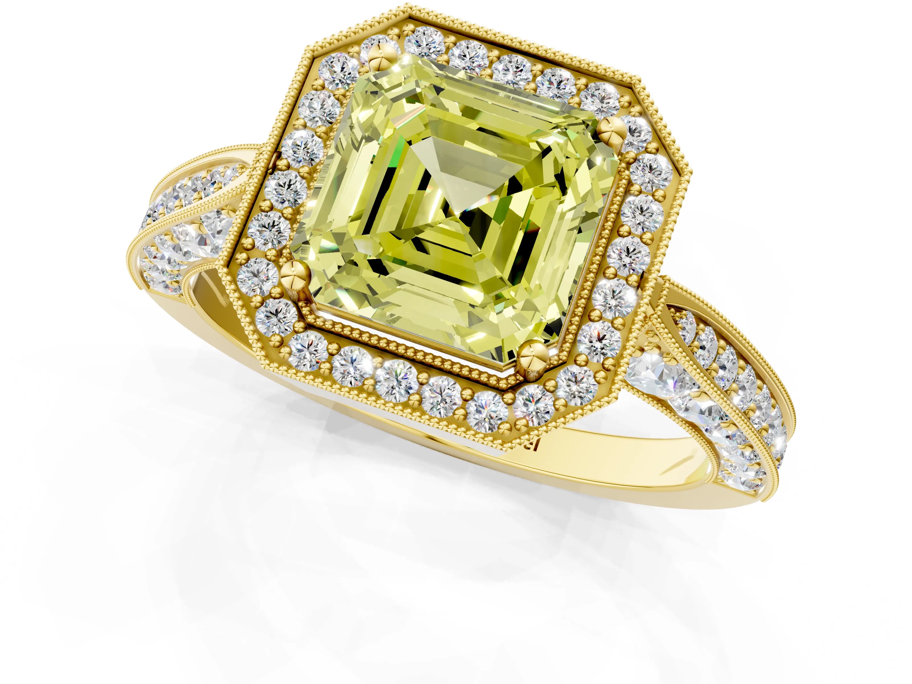 Yellow gold Fancy Yellow Asscher Cut Halo Diamond Engagement Ring with Split Shank Band and Four-Prong Setting_1