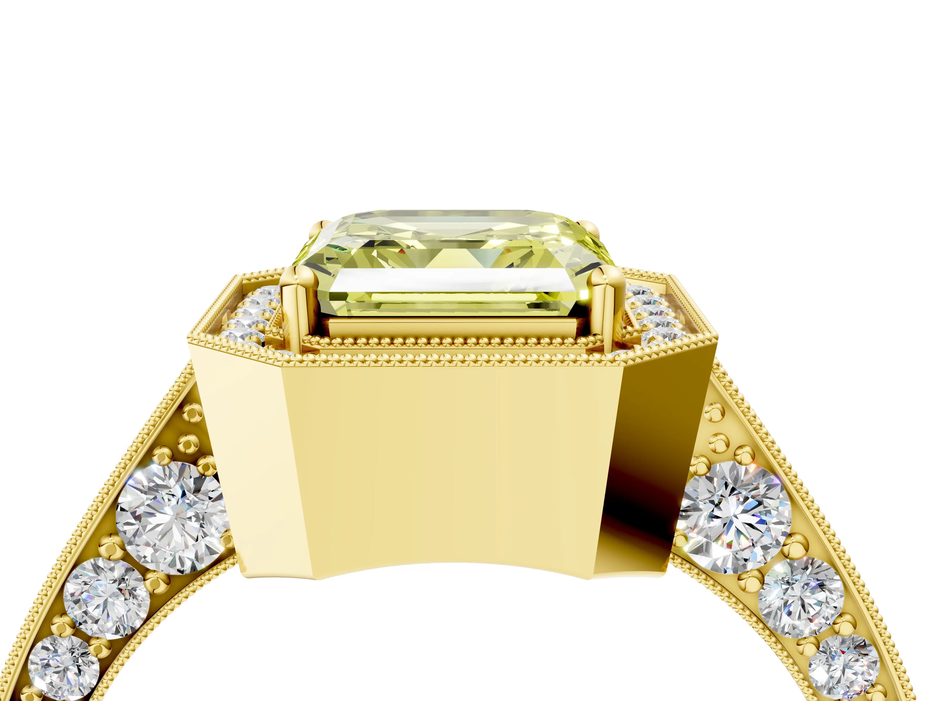 Yellow gold Fancy Yellow Asscher Cut Halo Diamond Engagement Ring with Split Shank Band and Four-Prong Setting_4