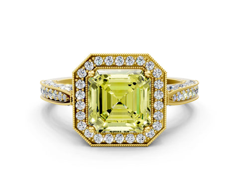 Yellow gold Fancy Yellow Asscher Cut Halo Diamond Engagement Ring with Split Shank Band and Four-Prong Setting