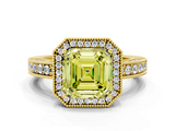 Yellow gold Fancy Yellow Asscher  Cut Halo Diamond Pave Band Ring with Four-Prong Setting