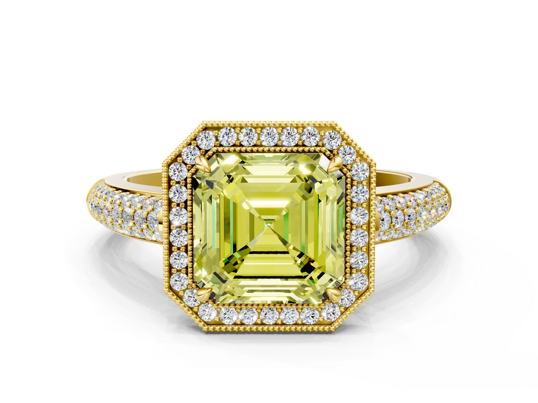Yellow gold Fancy Yellow Asscher  Cut Halo Diamond Pave Band with Four-Prong Setting_17