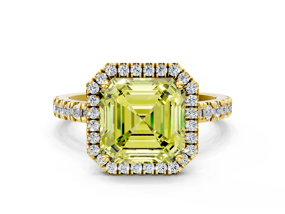 Yellow gold Fancy Yellow Asscher Cut Halo Diamond Pave Band with Prong Setting