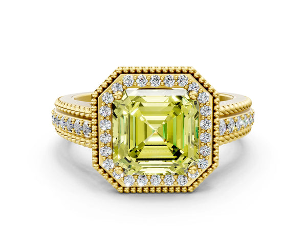 Yellow Gold Asscher Cut Beaded Halo Engagement Ring Setting for Fancy Yellow Center with Pave