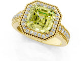 Yellow gold Fancy Yellow Asscher Cut Halo Diamond Ring with Beaded Split Shank and Four-Prong Setting_1