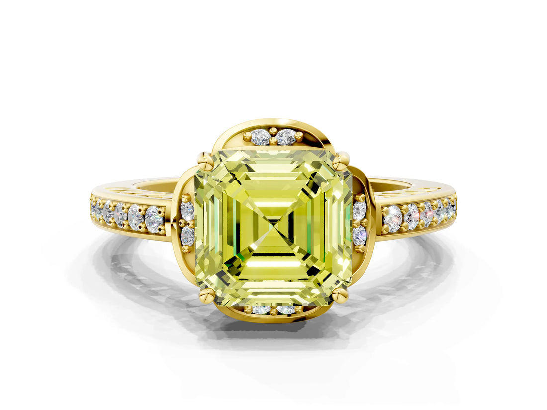 Yellow gold Fancy Yellow Asscher  Cut Halo Diamond Ring with Channel Set Band and Four-Prong Setting_52