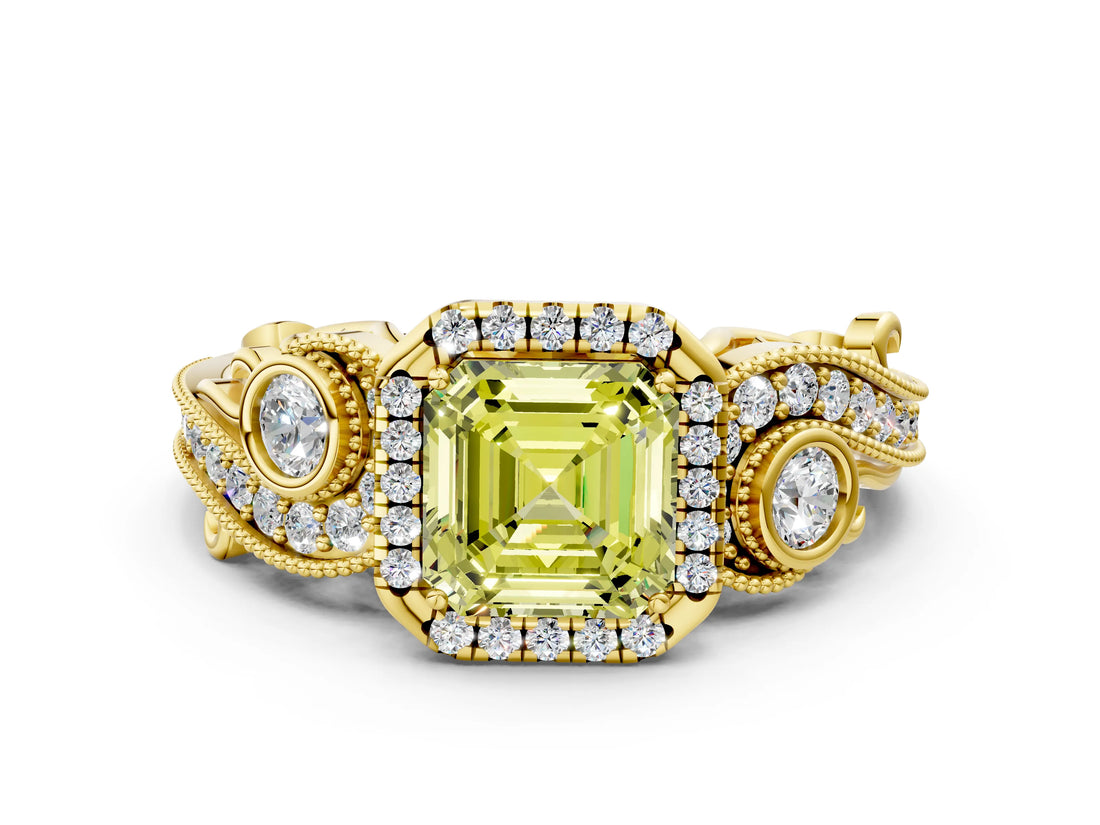 Yellow gold Fancy Yellow Asscher Cut Halo Diamond Ring with Milgrain and Bezel Accents on a Split Shank Band_12