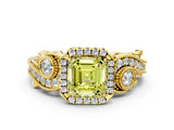 Yellow gold Fancy Yellow Asscher Cut Halo Diamond Ring with Milgrain and Bezel Accents on a Split Shank Band_12