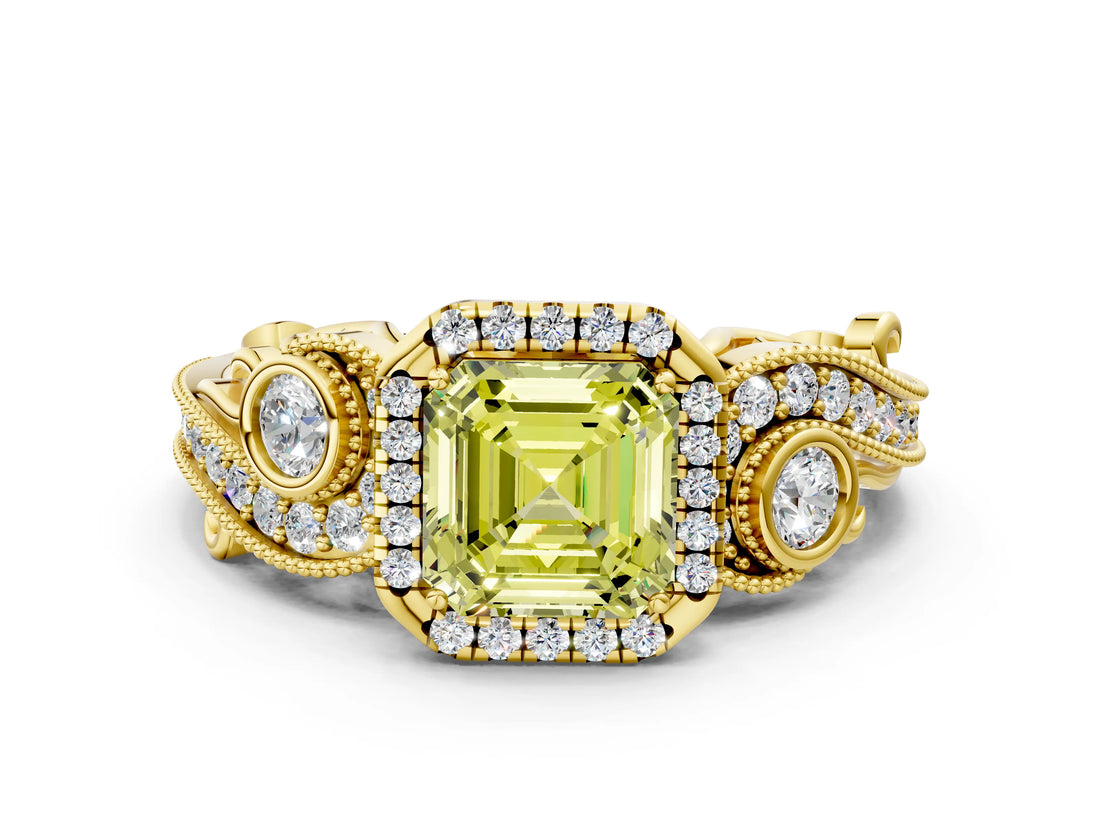 Yellow gold Fancy Yellow Asscher Cut Halo Diamond Ring with Milgrain and Bezel Accents on a Split Shank Band_12
