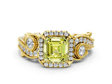 Yellow gold Fancy Yellow Asscher Cut Halo Diamond Ring with Milgrain and Bezel Accents on a Split Shank Band_12