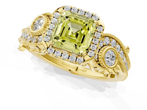 Yellow gold Fancy Yellow Asscher Cut Halo Diamond Ring with Milgrain and Bezel Accents on a Split Shank Band_1