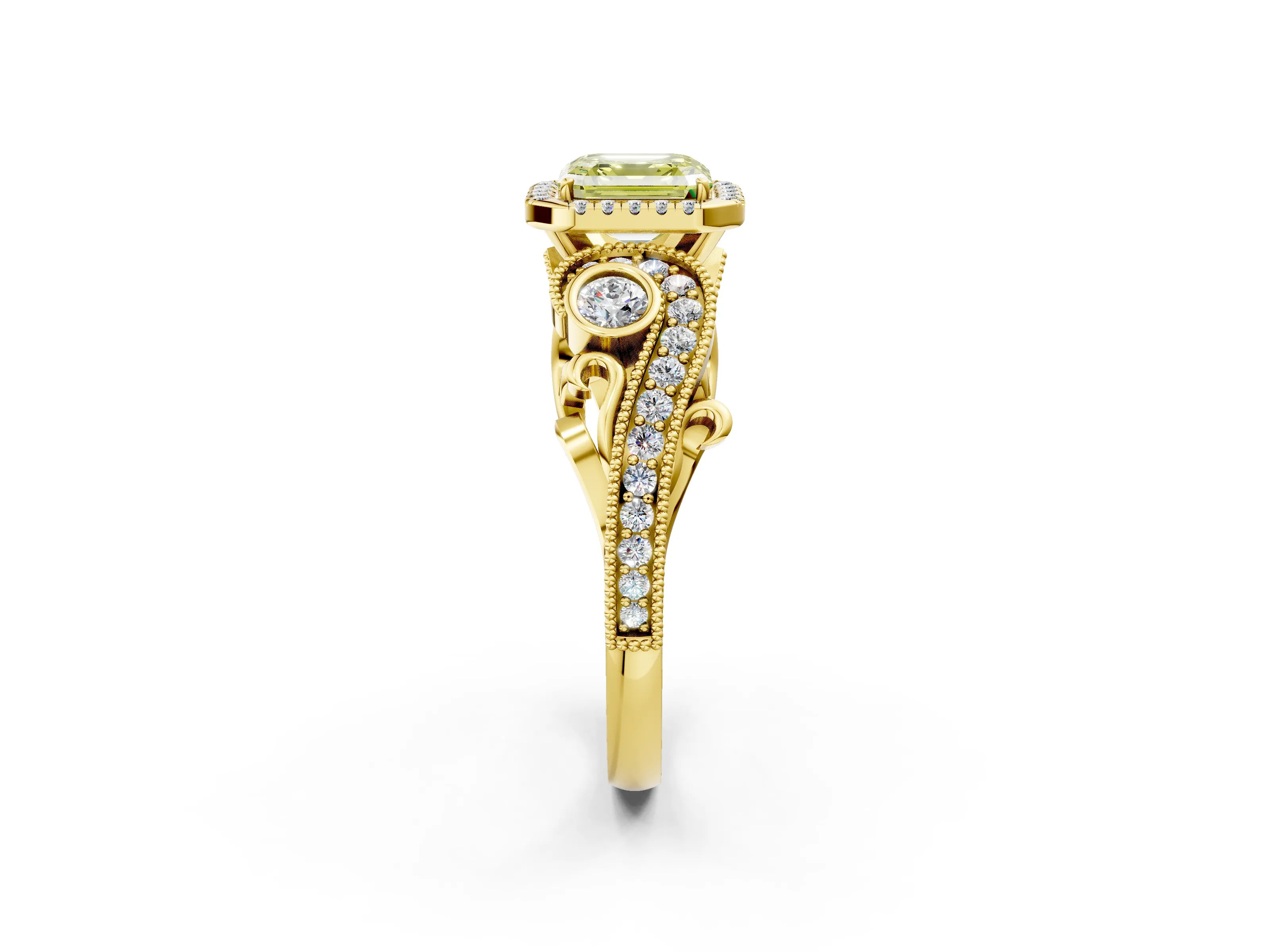 Yellow gold Fancy Yellow Asscher Cut Halo Diamond Ring with Milgrain and Bezel Accents on a Split Shank Band_2