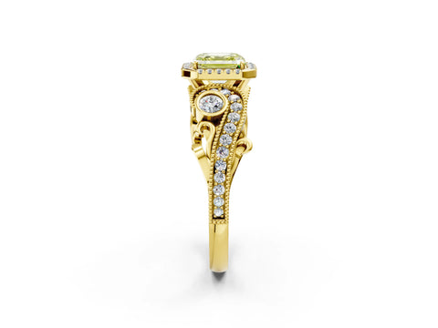 Yellow gold Fancy Yellow Asscher Cut Halo Diamond Ring with Milgrain and Bezel Accents on a Split Shank Band_2