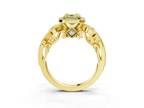 Yellow gold Fancy Yellow Asscher Cut Halo Diamond Ring with Milgrain and Bezel Accents on a Split Shank Band_3