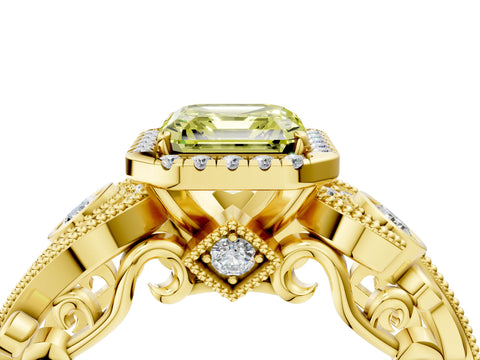 Yellow gold Fancy Yellow Asscher Cut Halo Diamond Ring with Milgrain and Bezel Accents on a Split Shank Band_4