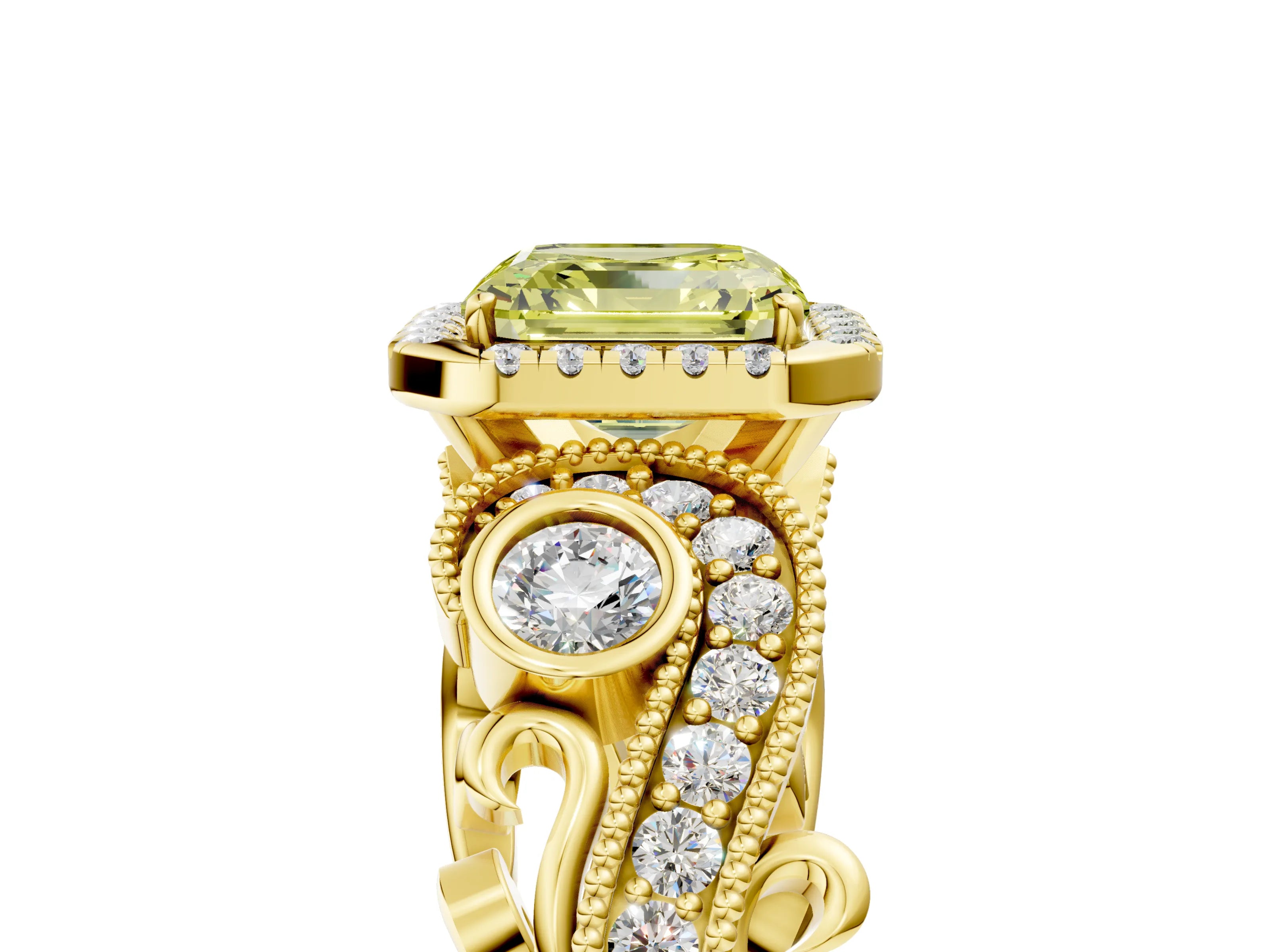 Yellow gold Fancy Yellow Asscher Cut Halo Diamond Ring with Milgrain and Bezel Accents on a Split Shank Band_5