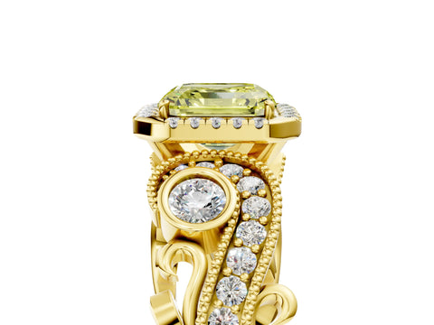 Yellow gold Fancy Yellow Asscher Cut Halo Diamond Ring with Milgrain and Bezel Accents on a Split Shank Band_5