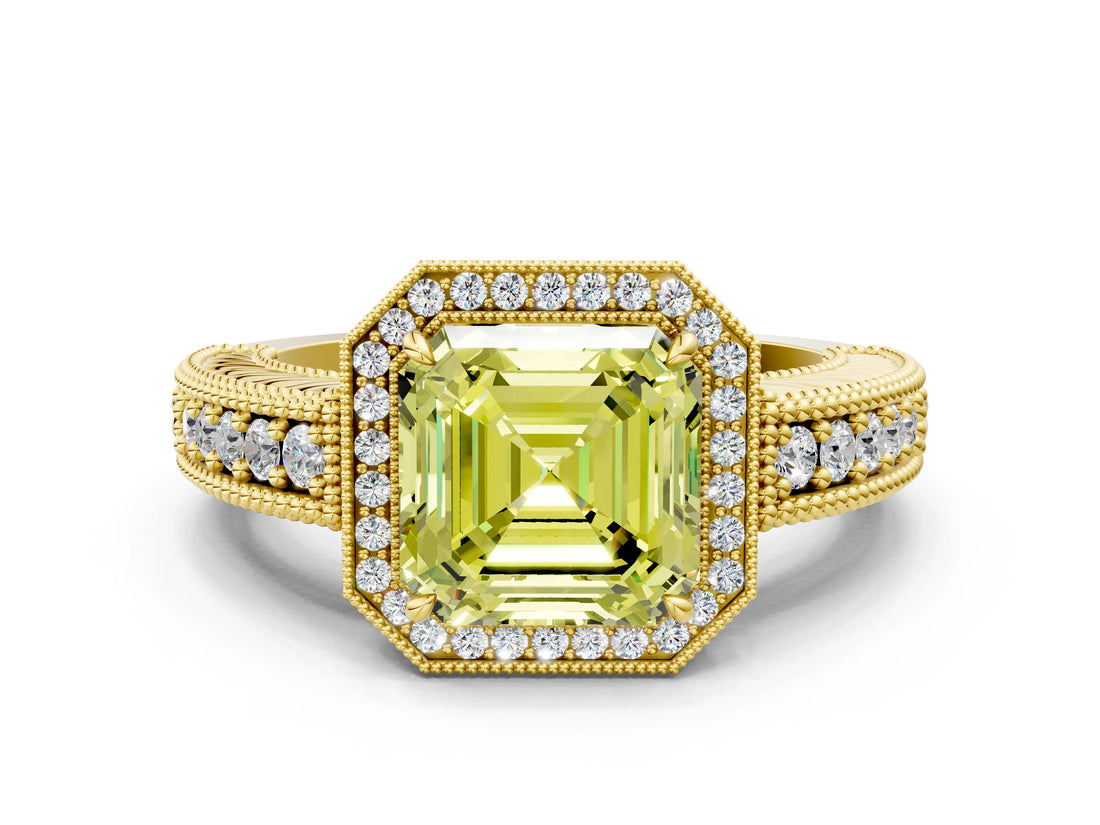 Yellow gold Fancy Yellow Asscher  Cut Halo Diamond Ring with Pavé Band and Four-Prong Setting_28