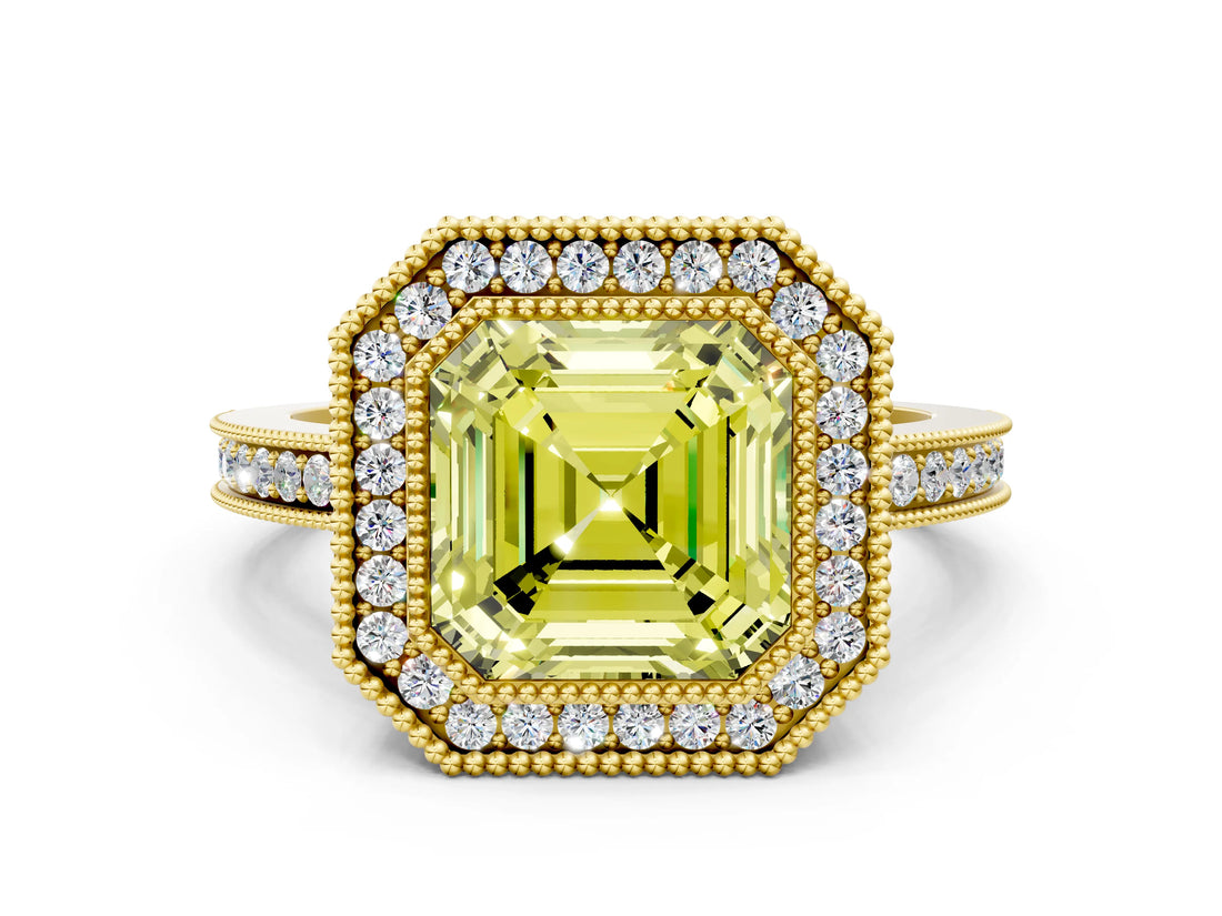 Yellow gold Fancy Yellow Asscher  Cut Halo Diamond Ring with Pavé Band and Milgrain Prong Setting_69