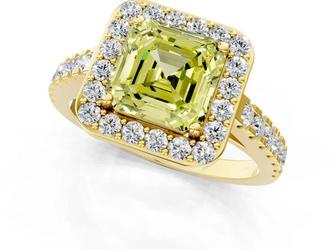 Yellow gold Fancy Yellow Asscher Cut Halo Diamond Ring with Pavé Band and Three-Prong Setting_1